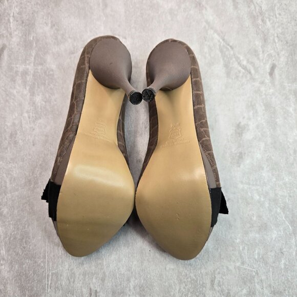 Platform Stiletto High Heels 8.5 Brown Suede Croc Dressy Retro Peep Toe Bow Pump - Picture 7 of 10
